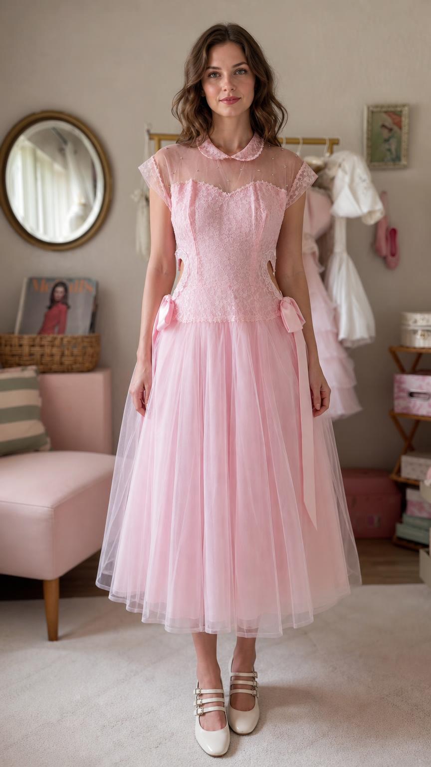 Vintage lace and tulle midi dress in pink front view