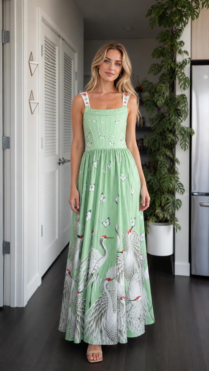 Front view of model wearing sage green crane maxi dress