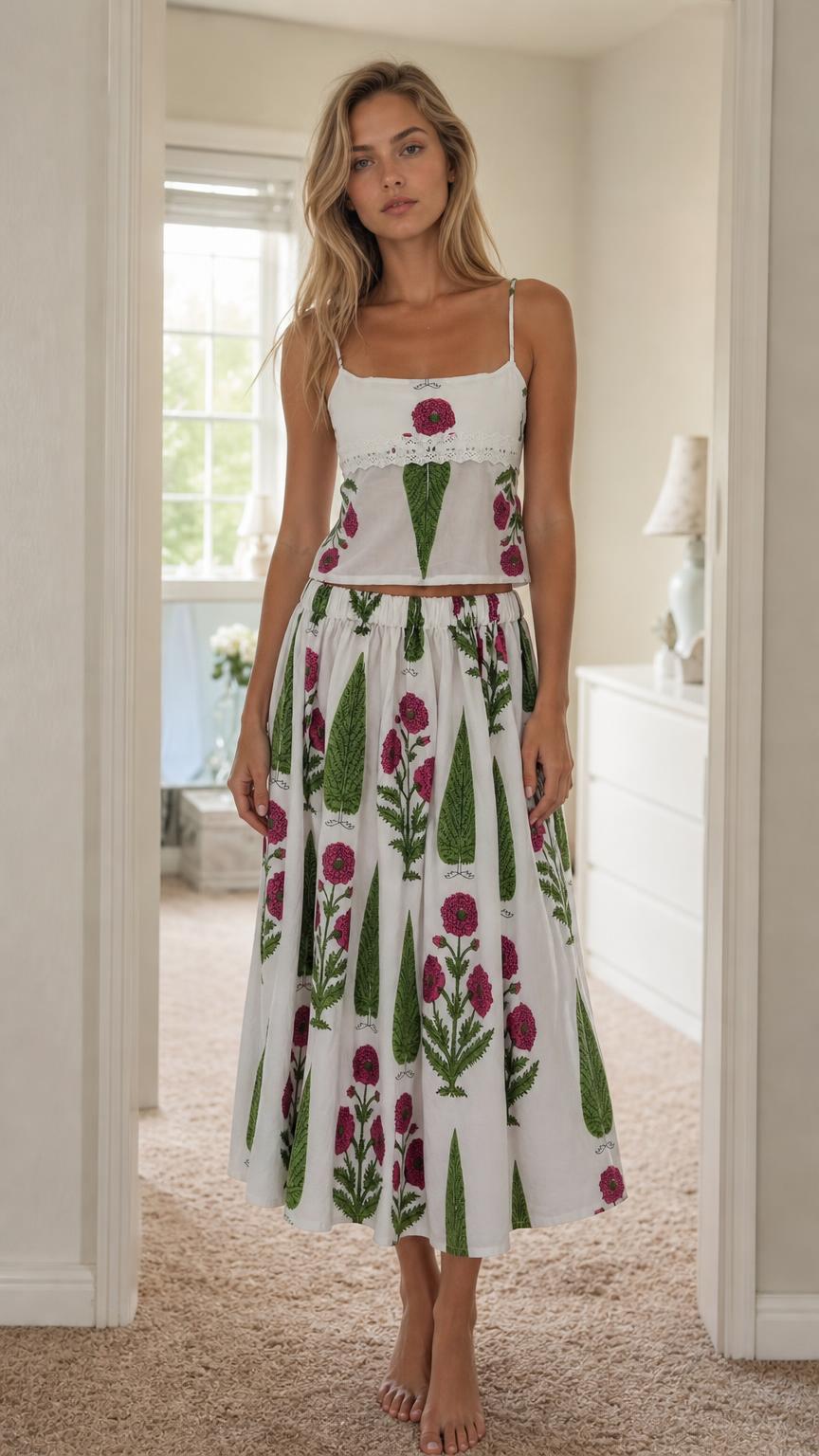 Front view of woman wearing white floral print cami top and midi skirt set