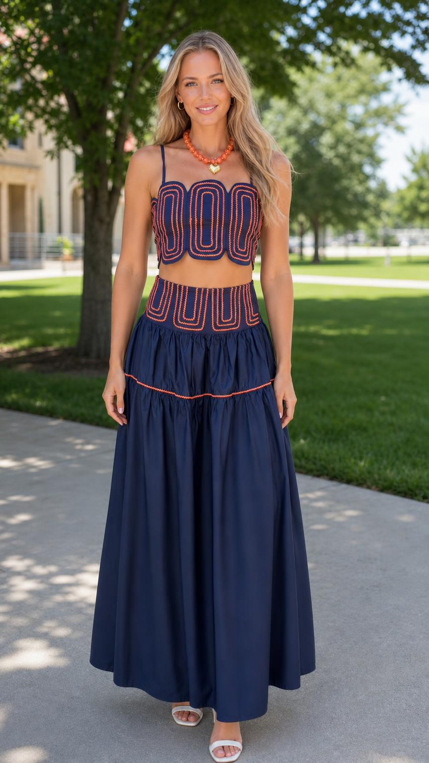 Front view of woman wearing navy embroidered crop top and maxi skirt set