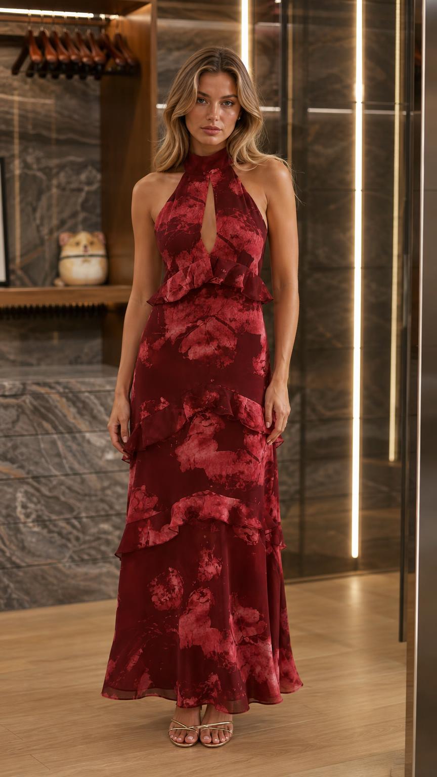 Front view of woman wearing burgundy halter neck tiered ruffle maxi dress