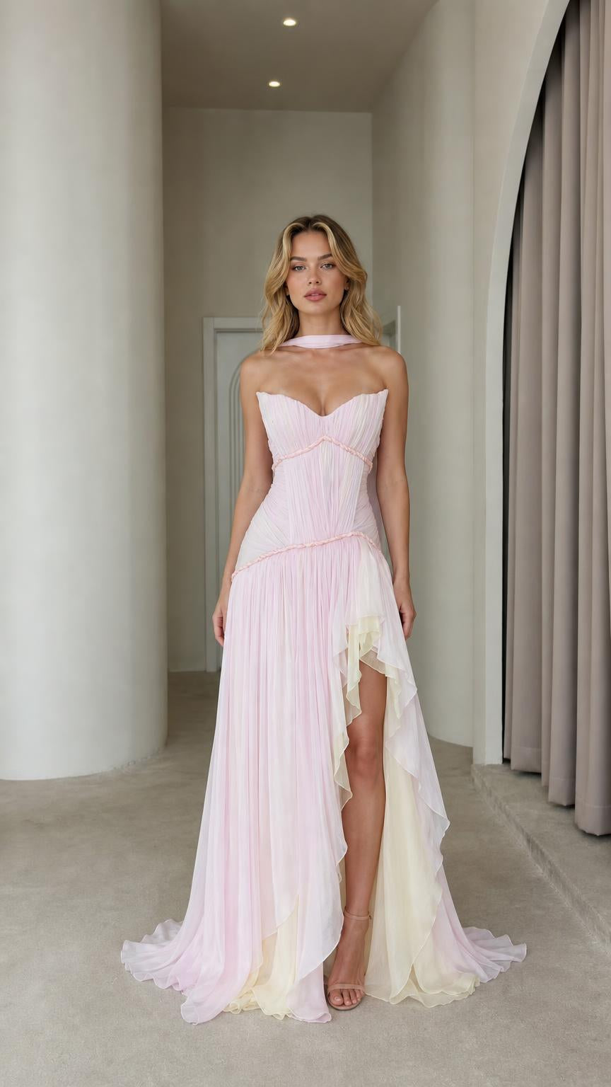 Pink ruched chiffon maxi dress front view with high slit