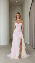 Pink ruched chiffon maxi dress front view with high slit