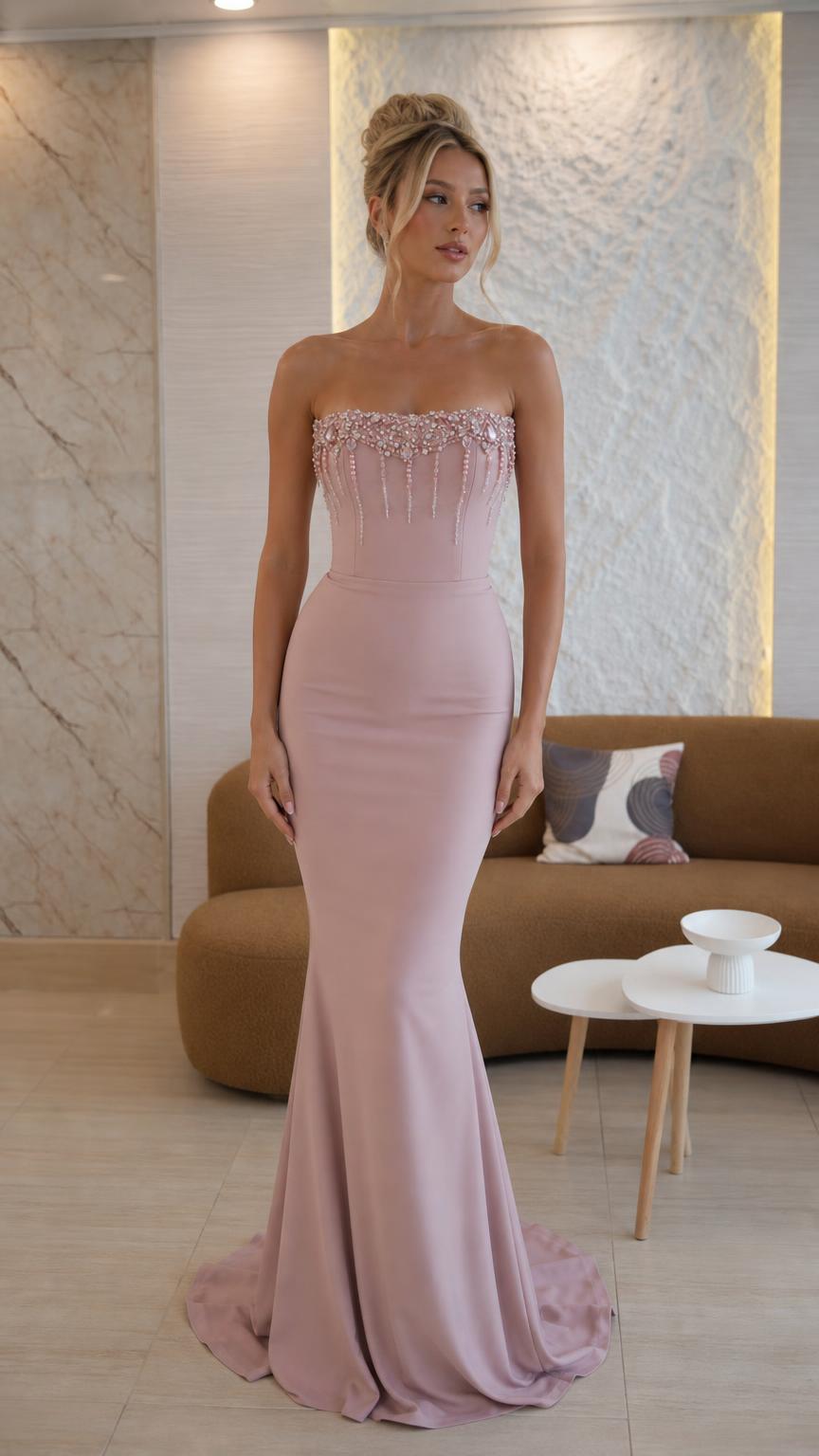 Front view of Dusty Rose strapless beaded mermaid evening dress