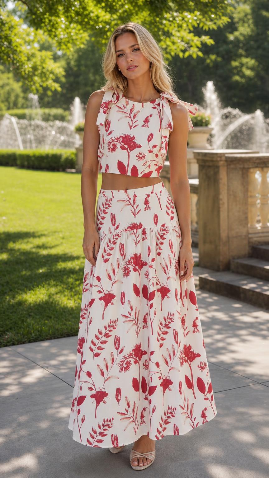 Front view of woman wearing white floral two-piece set in a garden