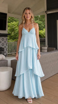 Front view of light blue tiered maxi dress