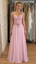 Front view of pink beaded cap sleeve chiffon evening gown