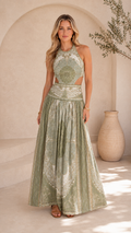 Sage green ornate print halter cutout maxi dress front view