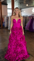 Front view of Fuchsia strapless 3D floral evening gown