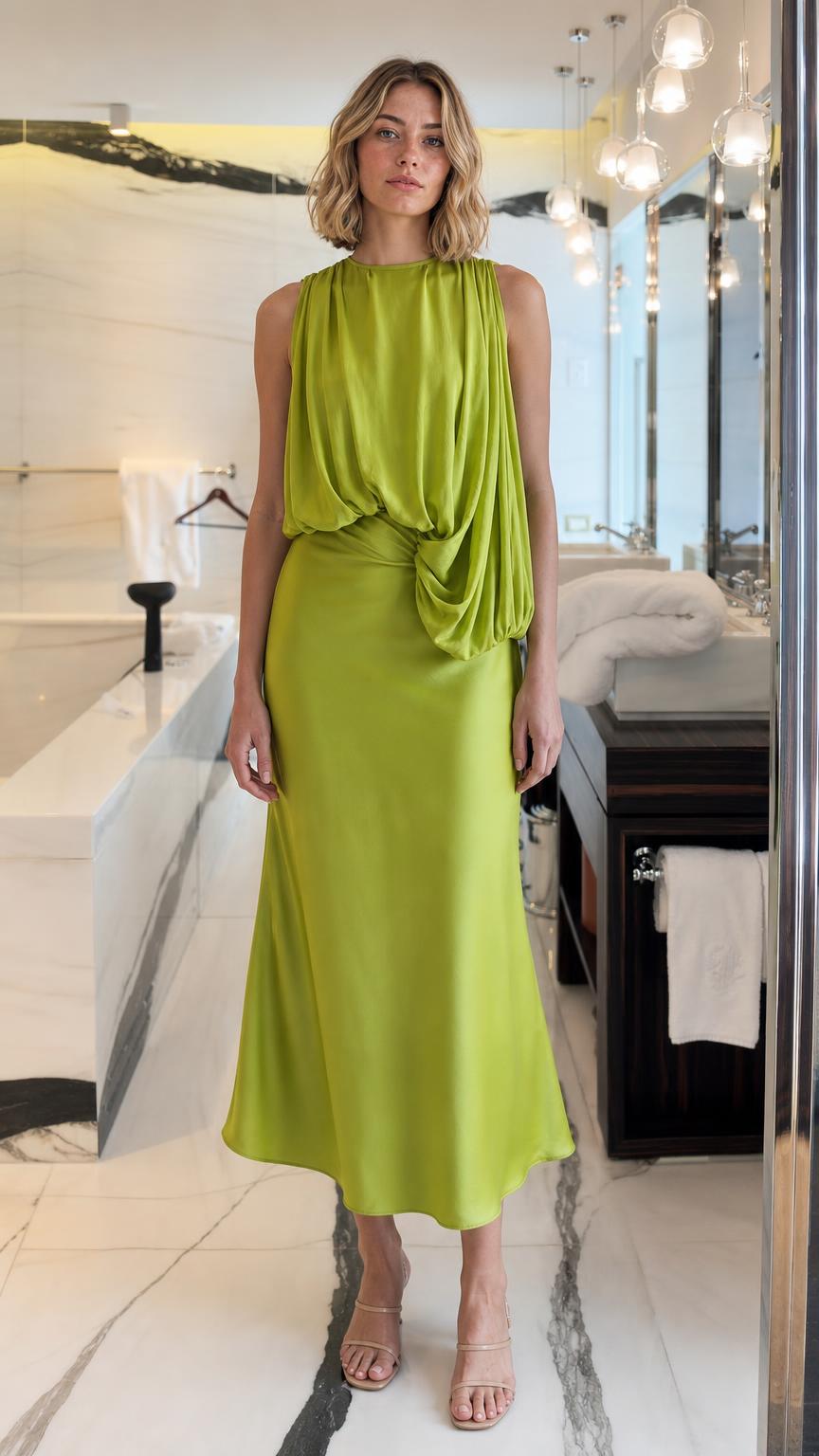 Front view of woman wearing Lime Green draped midi dress