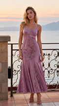 Front view of lavender satin lace applique maxi slip dress