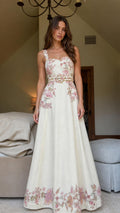 Front view of cream floral embroidered sleeveless maxi dress