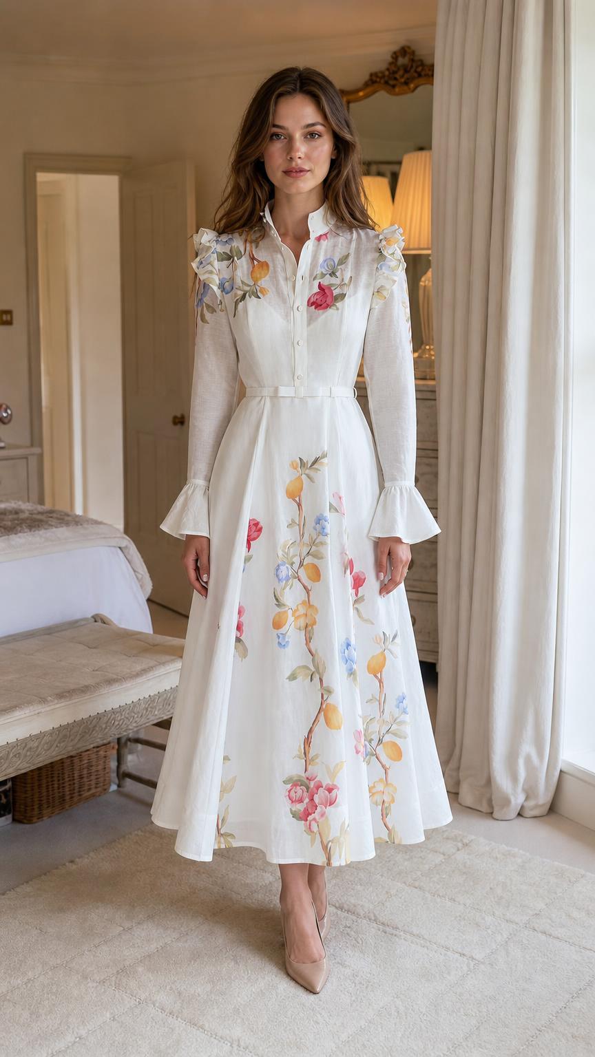 Front view of woman wearing white botanical embroidered midi shirt dress