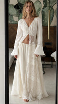 Front view of model wearing white bohemian lace two-piece set