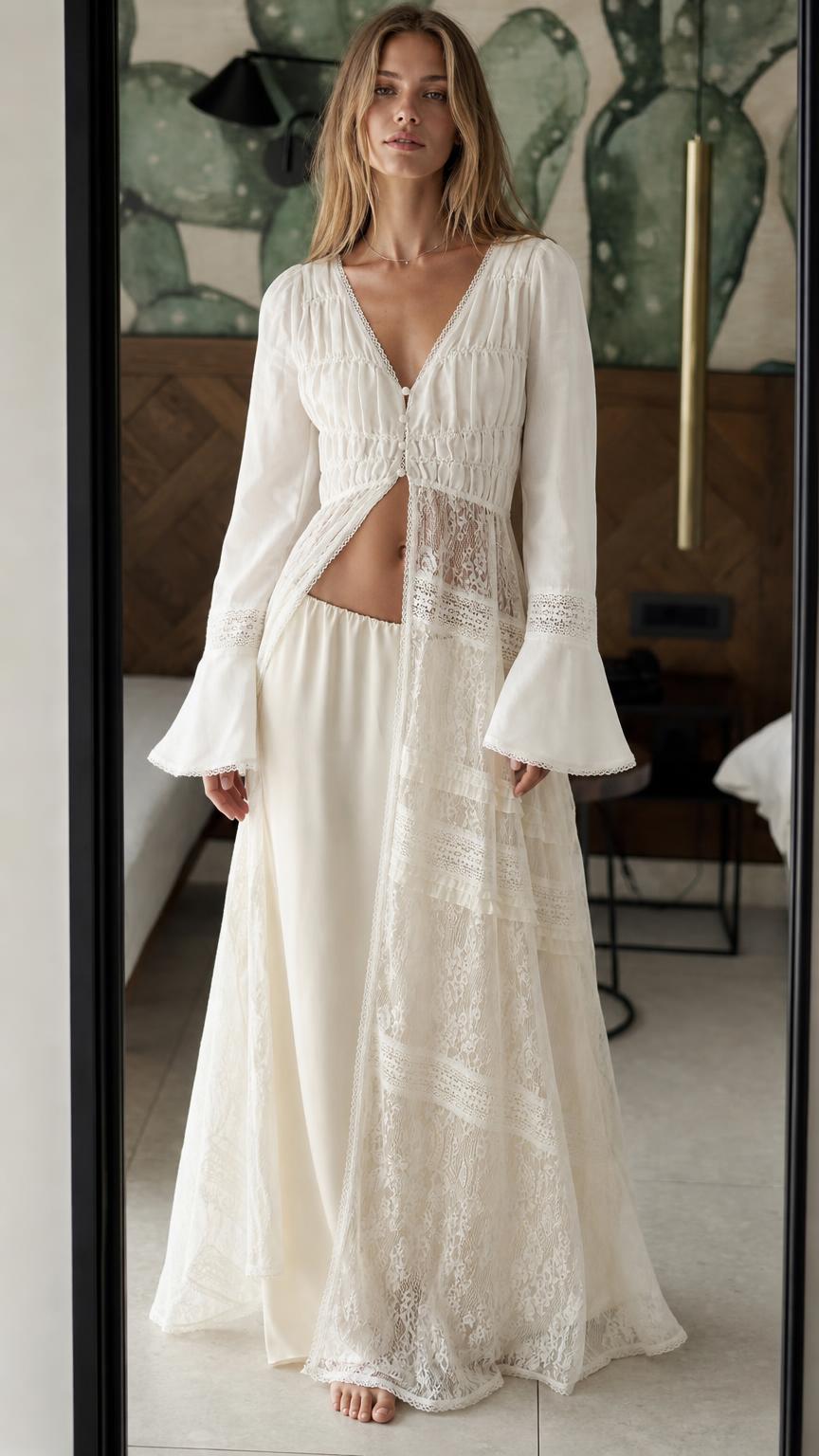 Front view of model wearing white bohemian lace two-piece set