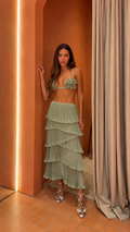 Sage Green 2-Piece Pleated Tiered Maxi Skirt and Floral Bralette Set