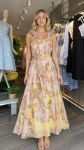 Front view of yellow floral maxi dress with 3D flower straps