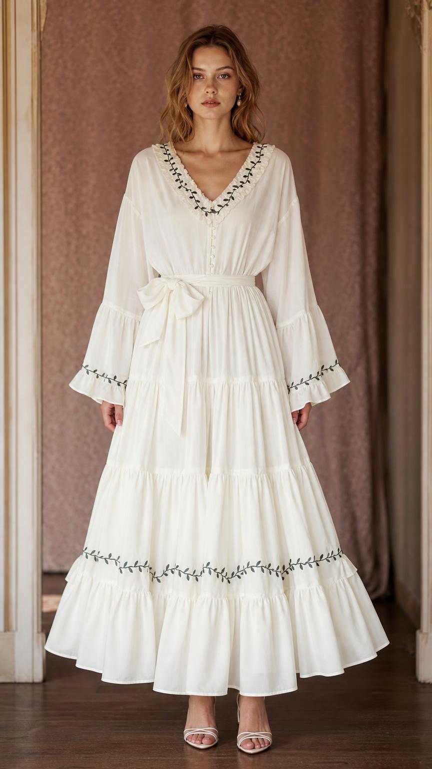 Ivory women's tiered maxi dress with V-neckline, embroidered trim, bell sleeves, and tie waist shown from the front