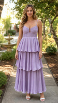 Front view of model wearing lavender pleated tiered cami maxi dress