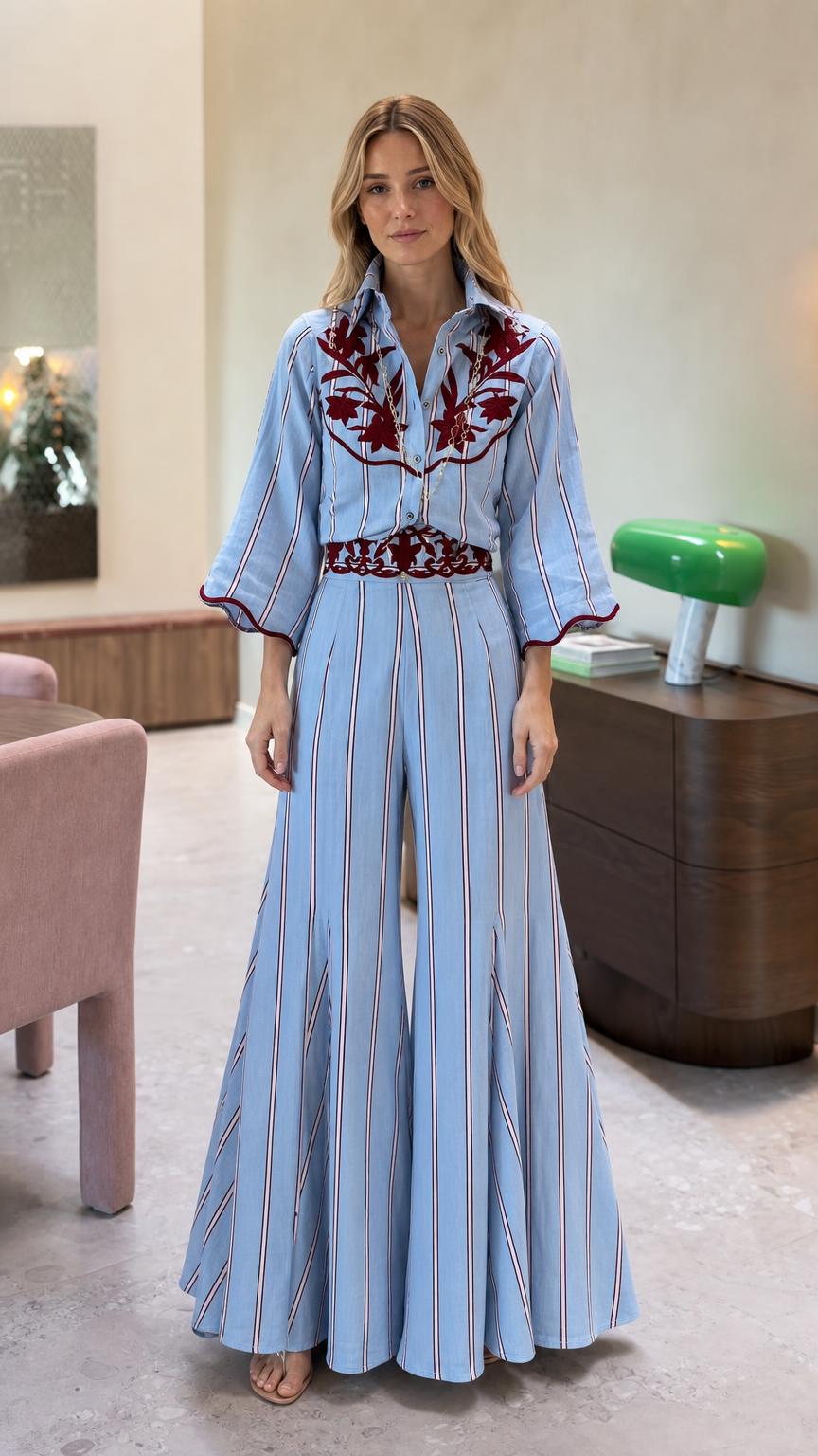 Front view of light blue striped embroidered wide leg jumpsuit