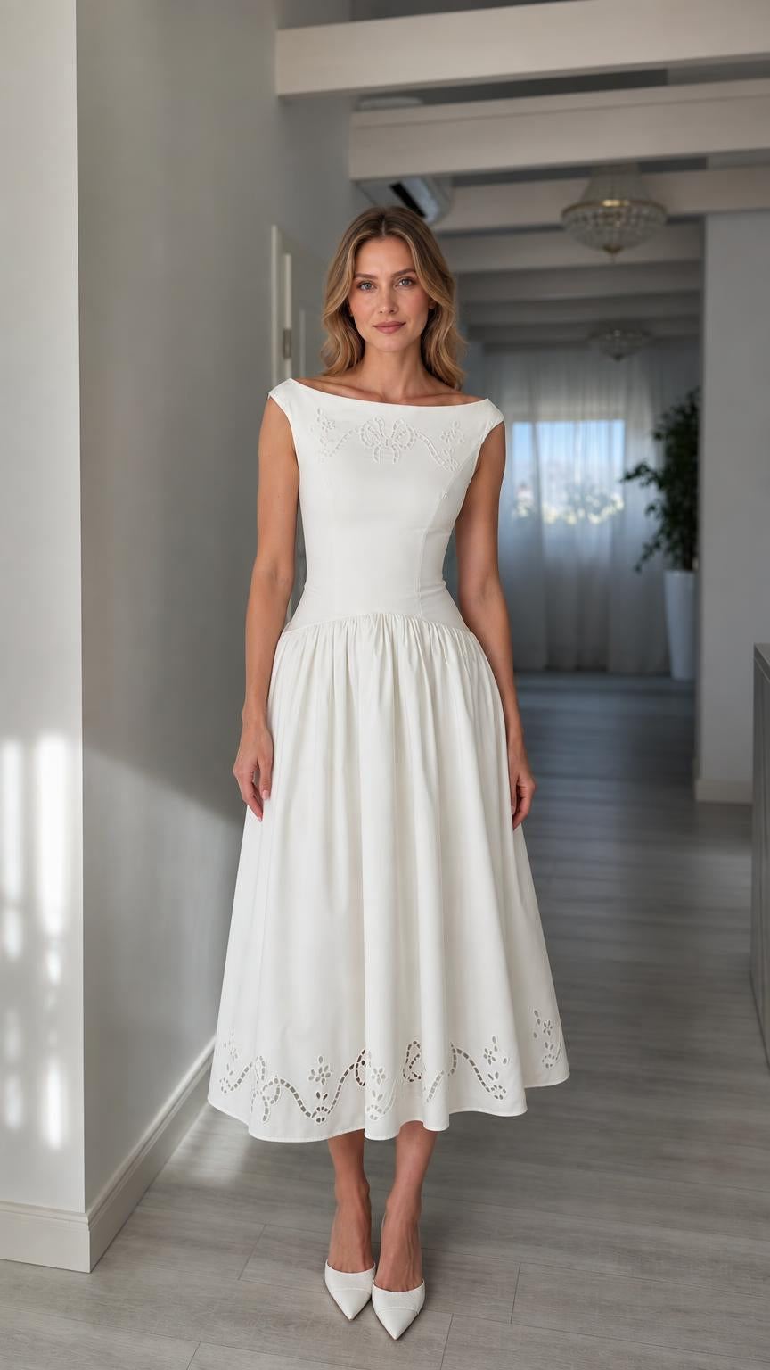 Front full view of woman wearing white boatneck midi dress