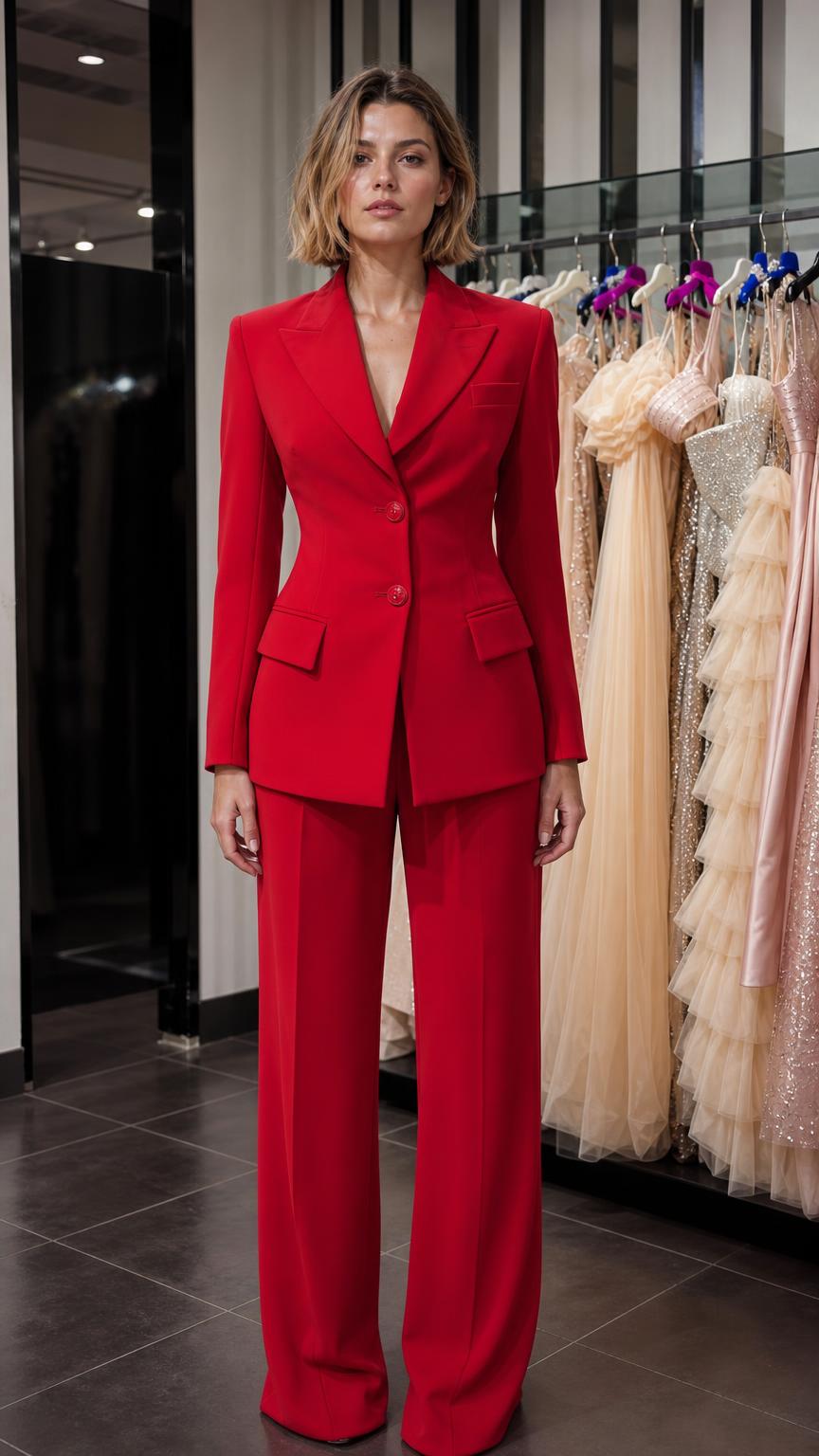 Front view of woman wearing red tailored blazer and matching wide-leg pants