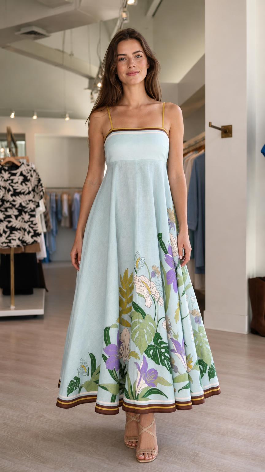 Front view of light blue floral maxi dress