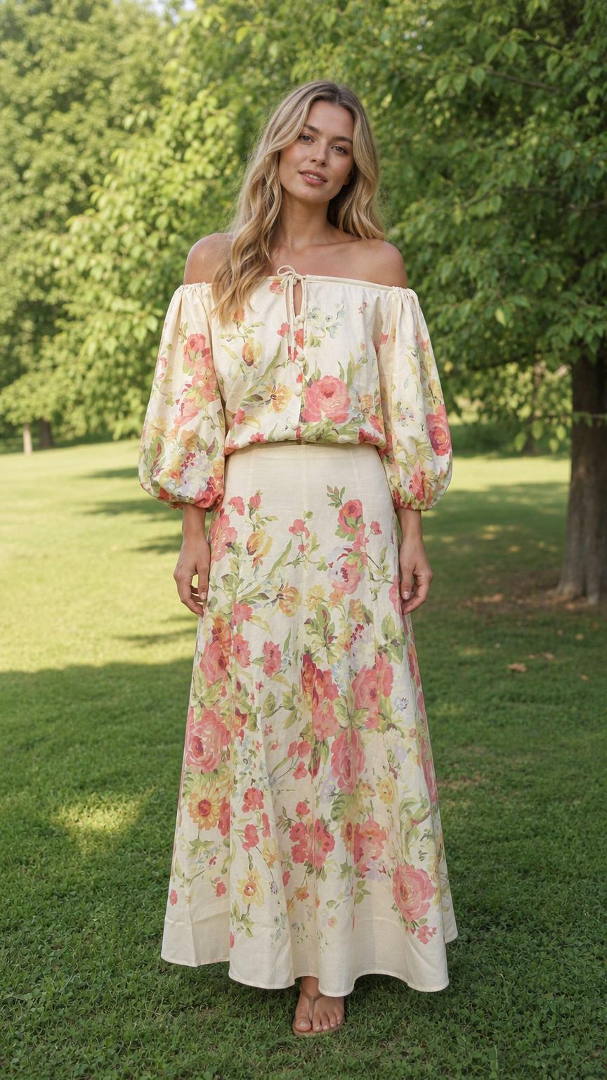 Front view of model wearing cream floral off-the-shoulder maxi set