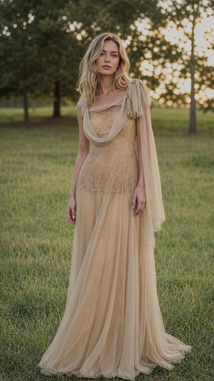 Front view of model wearing champagne draped tulle maxi dress
