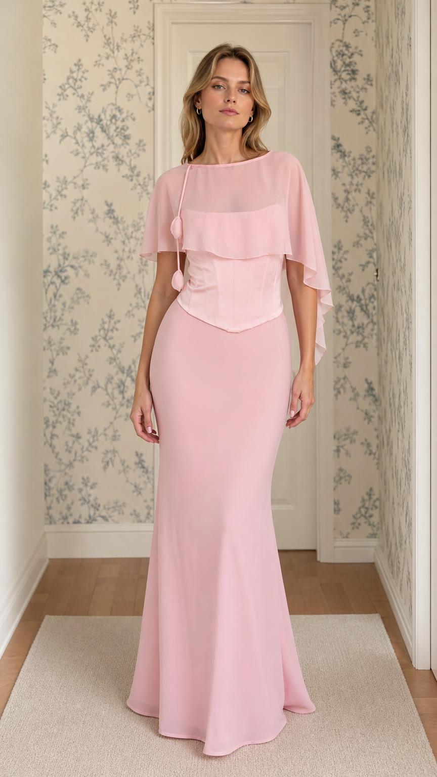 Pink chiffon overlay evening dress front view