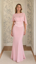 Pink chiffon overlay evening dress front view