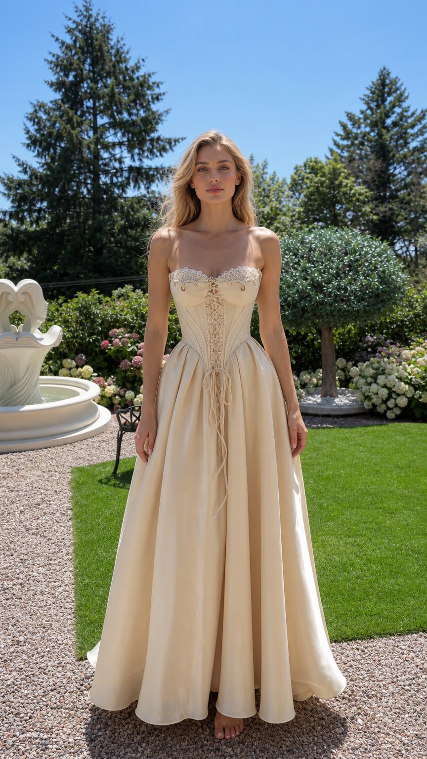 Front view of champagne corset maxi dress outdoors