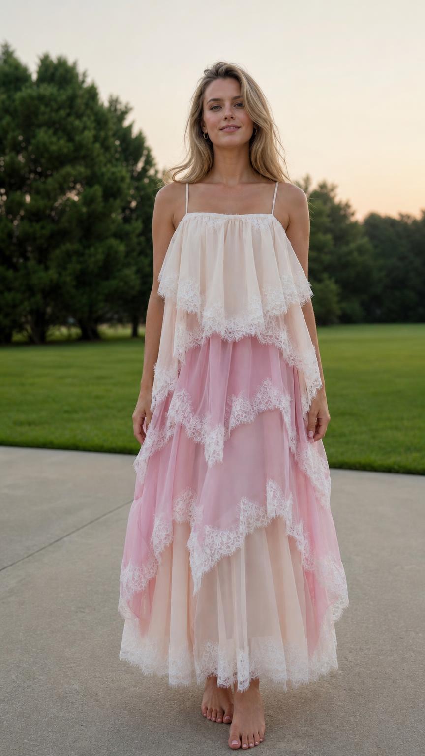 Front view of model wearing multi pink tiered tulle maxi dress