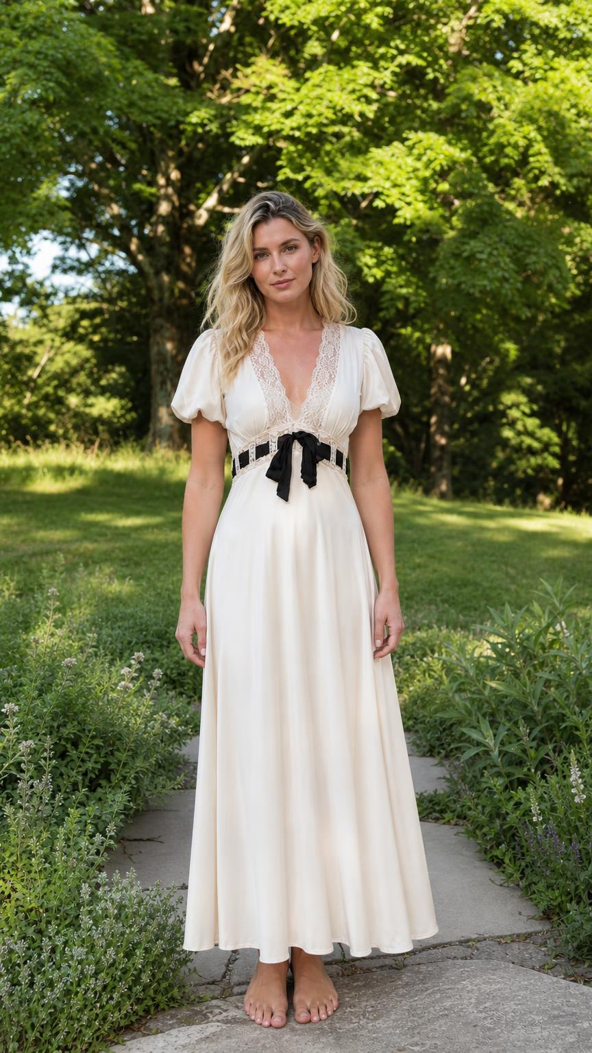 Front view of woman wearing ivory V-neck lace trim maxi dress with bow accent outdoors