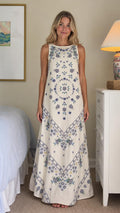 Front view of ivory floral embroidered maxi dress