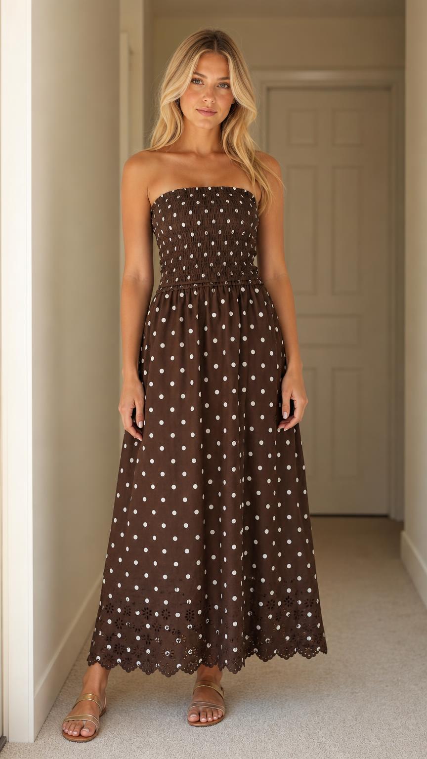 Front view of woman wearing brown polka dot strapless maxi dress