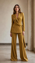 Front view of woman wearing mustard draped blazer and wide-leg pants suit