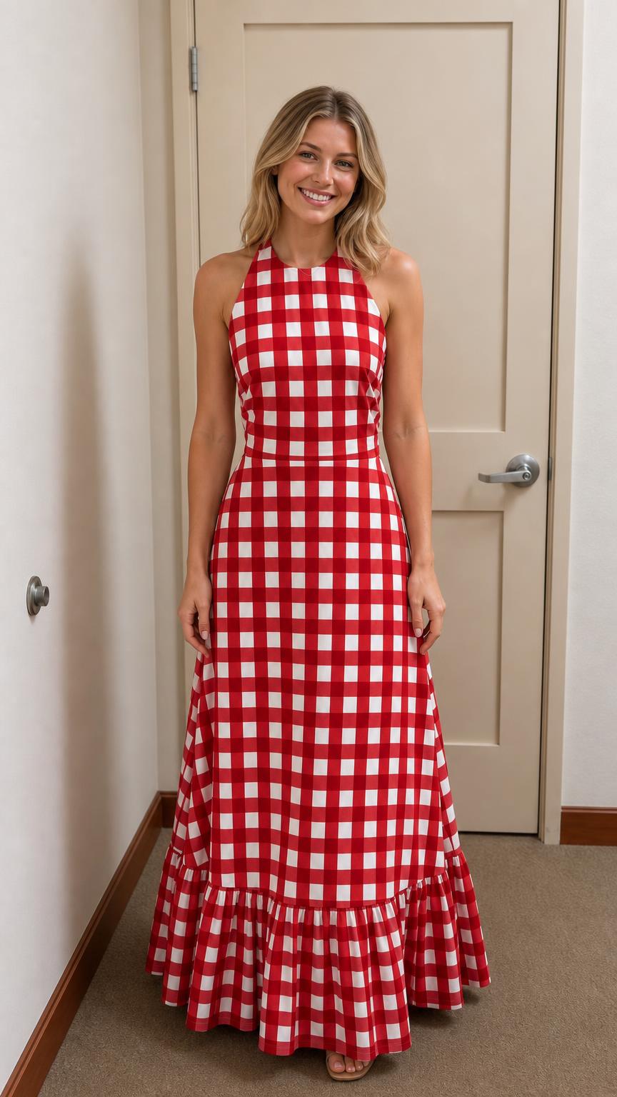 Front view of woman wearing red and white gingham maxi dress