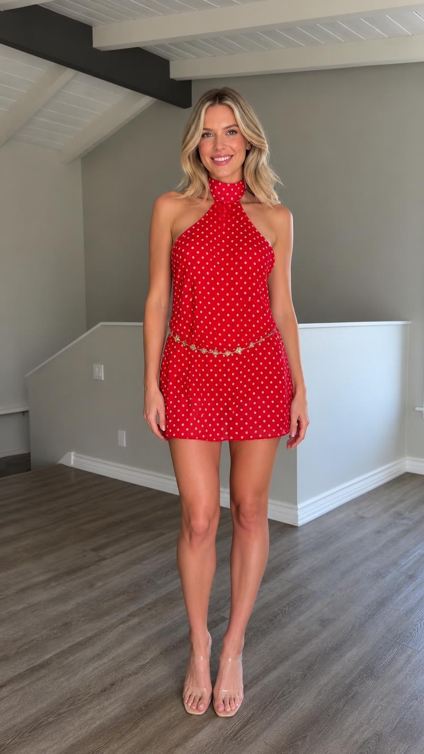 Front view of model wearing red polka dot halter mini dress