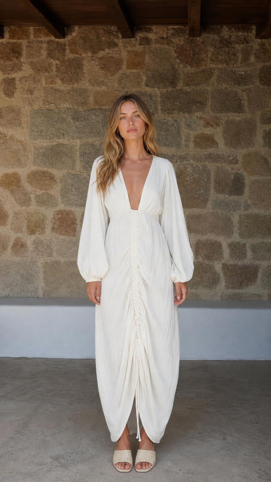 Front view of White V-Neck Ruched Long Sleeve Maxi Dress