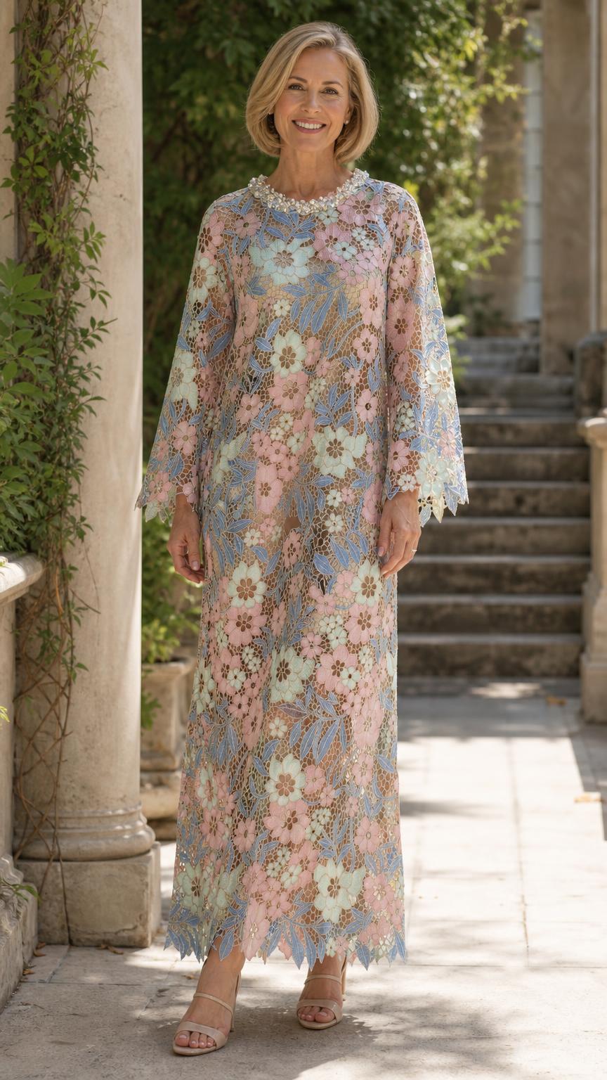 Full front view of model wearing champagne pink floral lace maxi dress