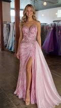 Pink glitter sequin strapless evening dress front view with high slit