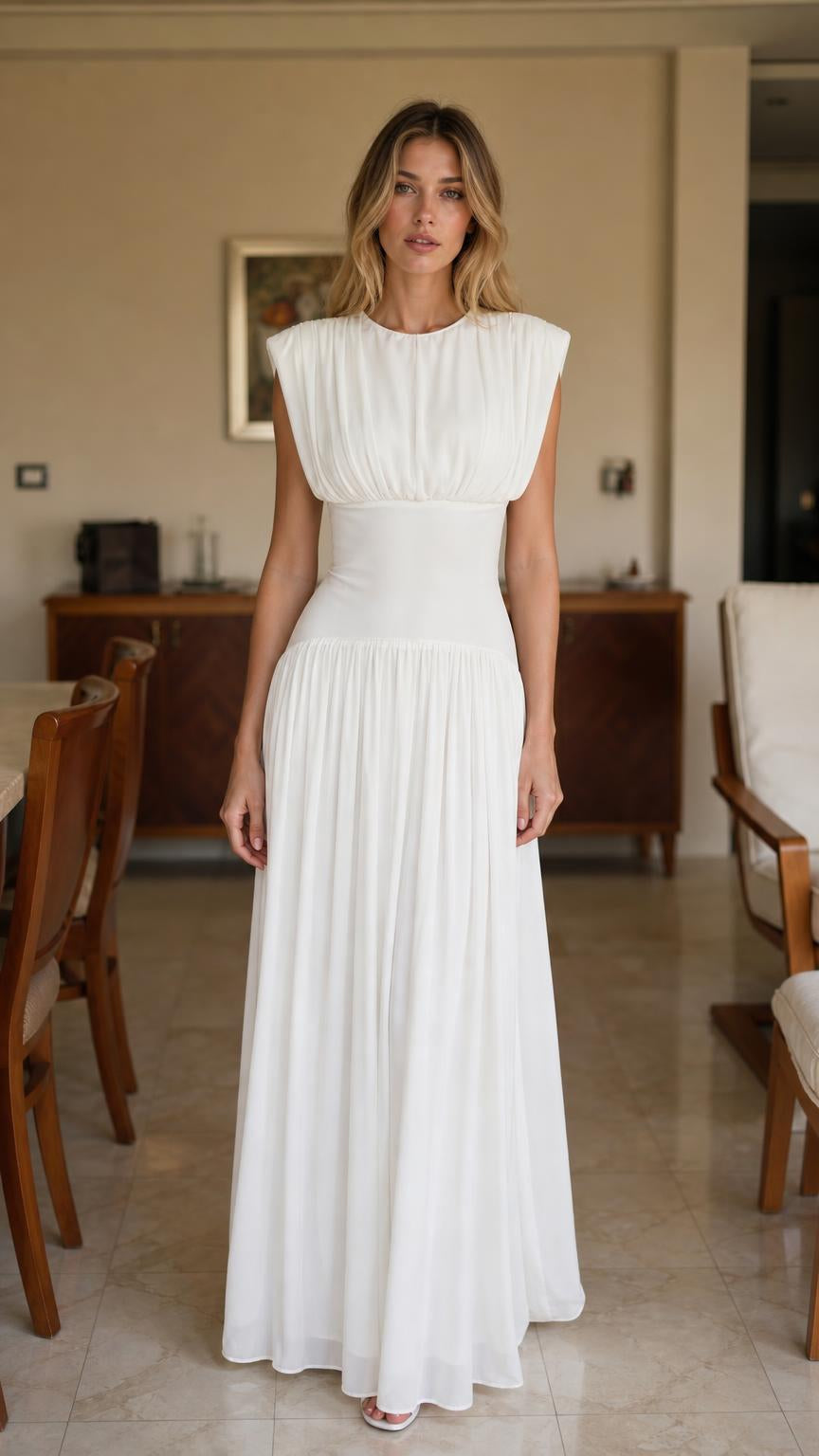 Front view of woman wearing white pleated maxi dress