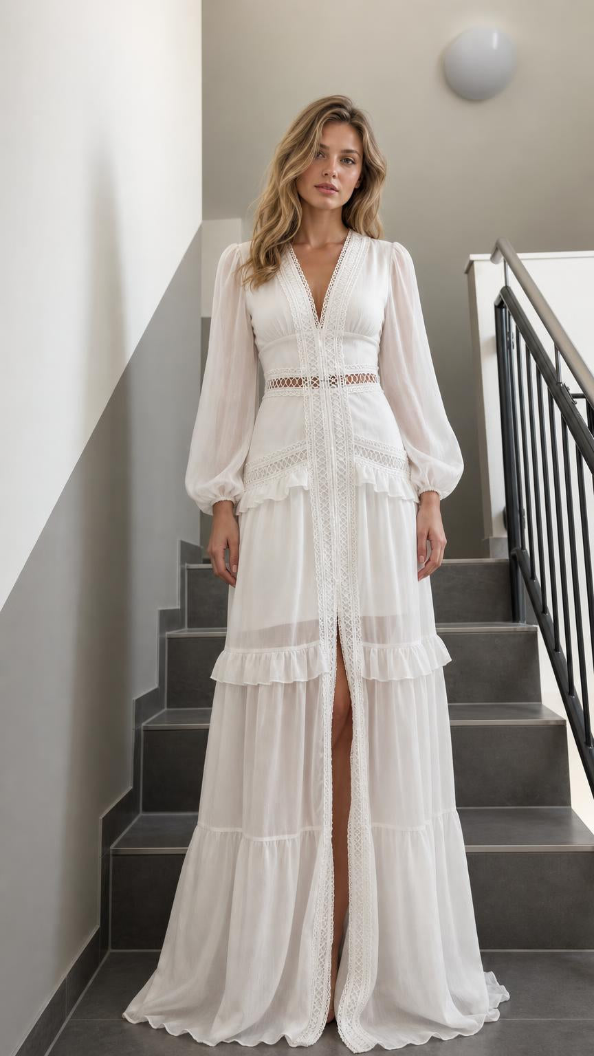 Front view of White V-Neck Long Sleeve Ruffle Tiered Maxi Dress on stairs