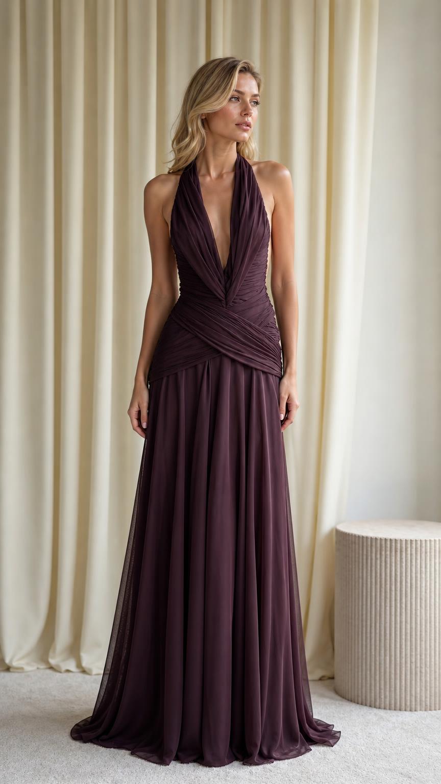 Front view of plum deep V-neck halter chiffon evening gown