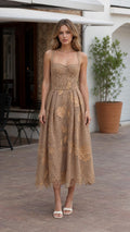 Front view of model wearing khaki floral lace midi dress