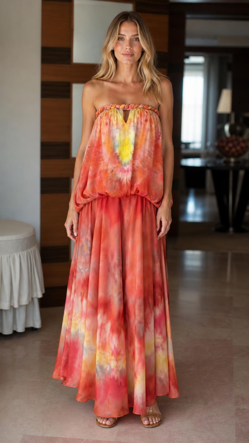 Model wearing orange tie-dye strapless maxi dress from front