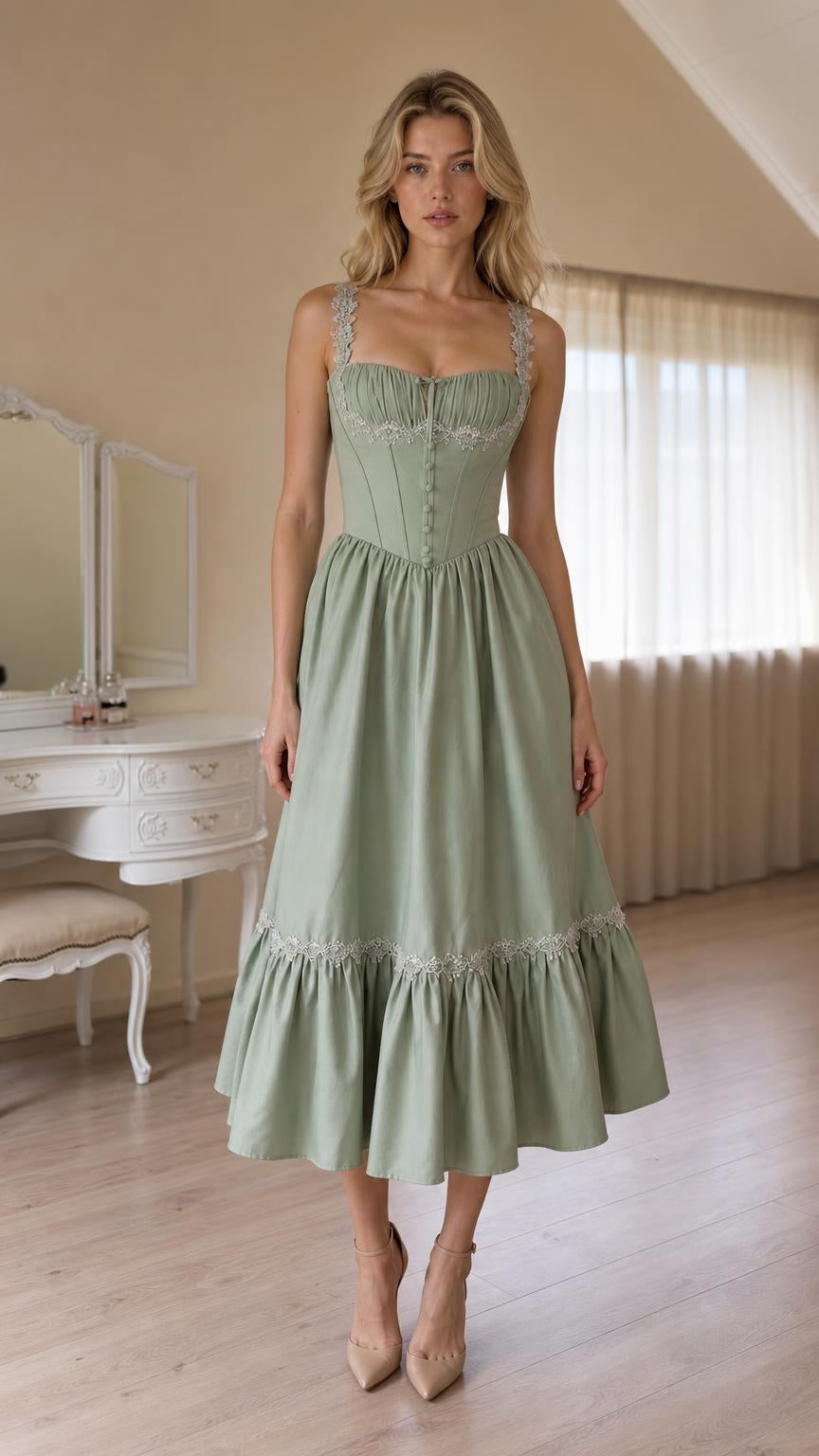 Front view of Sage Green corset style midi dress