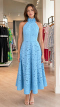 Front view of light blue halter midi dress