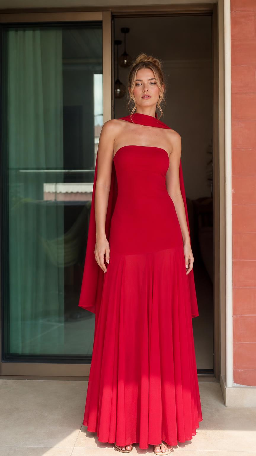 Front view of woman wearing red strapless maxi dress with matching scarf